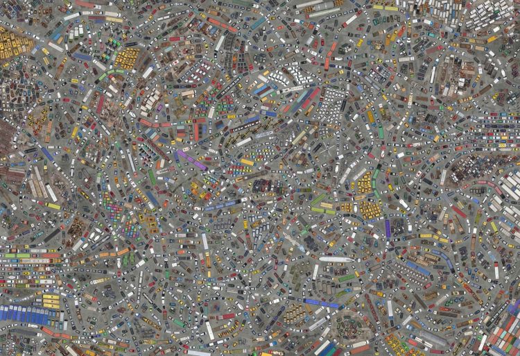 thousands of cars, trucks, buses and other vehicles from above